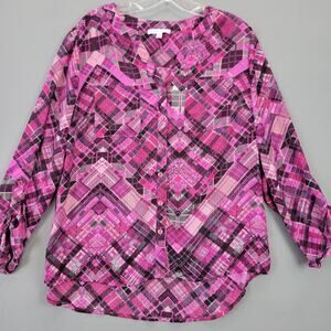 Notations Pink Plaid Shirt Classic 3/4 Roll Tab Sleeves Button Up Women's Size M
